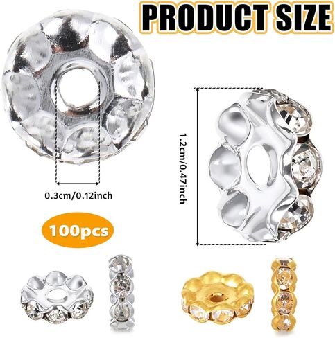 100 Pcs 12mm Silver and Gold Rondelle Spacer Beads Rhinestone Crystal for Jewelry Making, Fancy Sparkle Crystal Spacer Beads for DIY Pens Bracelet Jewelry Making in Saudi Arabia