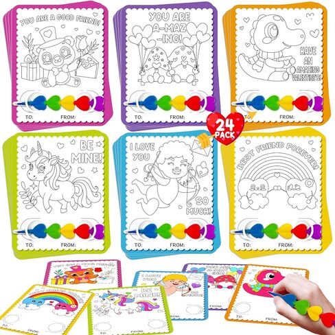 Valentines Day Cards for Kids School, 24 Stacking Heart Crayons with 24 Valentines Day Insect Coloring Exchange Cards for Kids Classroom Treats Prizes Supplies Valentines Party Favors for Boys Girls in Saudi Arabia