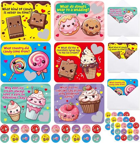 Fancy Land Valentines Cards Scratch Off Jokes for Kids Sweet Dessert Card with Envelopes for Boys Girls Holiday Exchange Supplies 36Pcs in Saudi Arabia