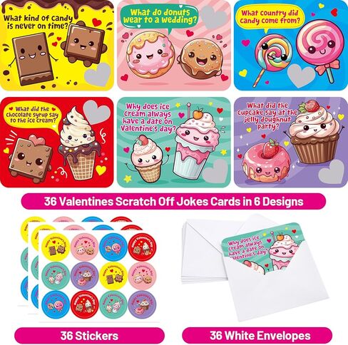 Fancy Land Valentines Cards Scratch Off Jokes for Kids Sweet Dessert Card with Envelopes for Boys Girls Holiday Exchange Supplies 36Pcs in Saudi Arabia