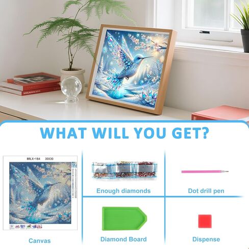 مجموعات الطلاء الماسي 5D من Skyboda Hummingbird للبالغين، طقم فني ماسي للشتاء الطنان للمبتدئين، نقاط ماسية دائرية كاملة مع أحجار كريمة فنية لتزيين جدران المنزل مقاس 12 × 12 بوصة in Kuwait