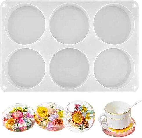 6-Cavity Round Silicone Resin Coaster Molds, Jewelry Resin Casting for Crafts Flower Bead Candle Clay Molds (12.99"×8.66") in Saudi Arabia