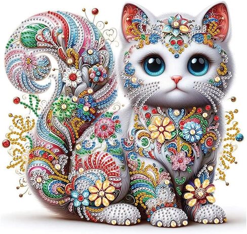 طقم طلاء ألماس حفر كامل 5D من HvasJing Link Lavish Floral Cat للبالغين - صديق للمبتدئين مع أدوات كاملة، تخفيف التوتر DIY لديكور الحائط المنزلي، 12 × 12 بوصة ألماس ذو شكل خاص in Kuwait