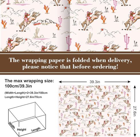 FYSUIMU 6 Sheets Western Cowgirl Wrapping Paper - Not Roll - Pink Cowgirl Horse Cactus Gift Wrap Paper Folded Flat for Birthday Baby Shower DIY Crafts, 27.6 x 39.4 Inch in Saudi Arabia
