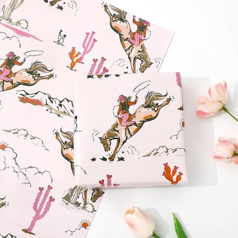 FYSUIMU 6 Sheets Western Cowgirl Wrapping Paper - Not Roll - Pink Cowgirl Horse Cactus Gift Wrap Paper Folded Flat for Birthday Baby Shower DIY Crafts, 27.6 x 39.4 Inch in Saudi Arabia