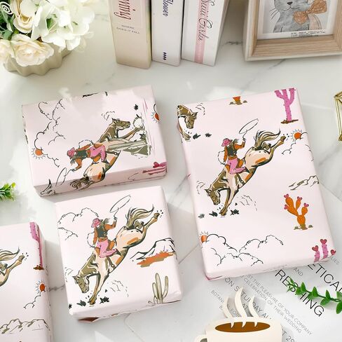 FYSUIMU 6 Sheets Western Cowgirl Wrapping Paper - Not Roll - Pink Cowgirl Horse Cactus Gift Wrap Paper Folded Flat for Birthday Baby Shower DIY Crafts, 27.6 x 39.4 Inch in Saudi Arabia