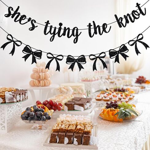 She's Tying the Knot Banner, Bow Bachelorette Decorations, Bridal Shower Party Decor, Bow Themed Wedding Engagement Bachelorette Party Decorations Black Glitter in Saudi Arabia