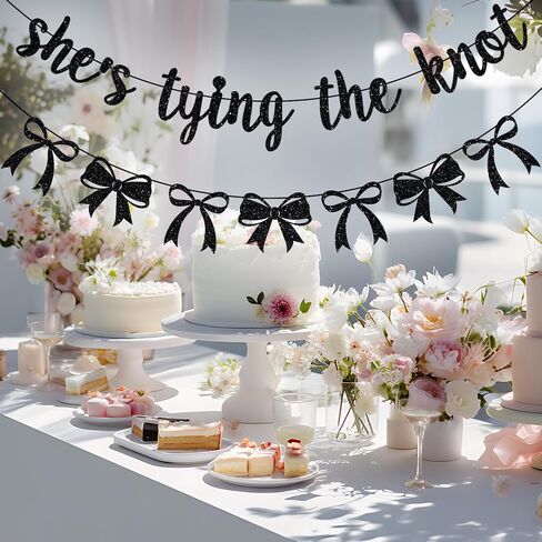 She's Tying the Knot Banner, Bow Bachelorette Decorations, Bridal Shower Party Decor, Bow Themed Wedding Engagement Bachelorette Party Decorations Black Glitter in Saudi Arabia