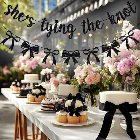 She's Tying the Knot Banner, Bow Bachelorette Decorations, Bridal Shower Party Decor, Bow Themed Wedding Engagement Bachelorette Party Decorations Black Glitter in Saudi Arabia