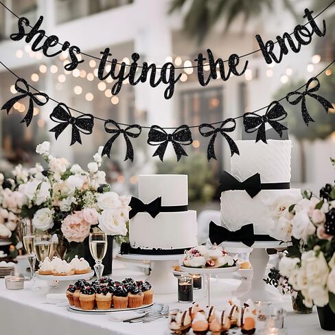She's Tying the Knot Banner, Bow Bachelorette Decorations, Bridal Shower Party Decor, Bow Themed Wedding Engagement Bachelorette Party Decorations Black Glitter in Saudi Arabia