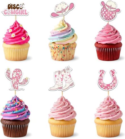 24PCS Disco Cowgirl Cupcake Toppers,Pink Vintage Western Themed Disco Cowgirl Birthday Party Decorations,Cute Disco Ball Hats Boots Horseshoes Cactus Picks in Saudi Arabia