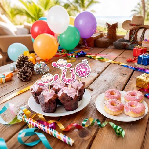 24PCS Disco Cowgirl Cupcake Toppers,Pink Vintage Western Themed Disco Cowgirl Birthday Party Decorations,Cute Disco Ball Hats Boots Horseshoes Cactus Picks in Saudi Arabia