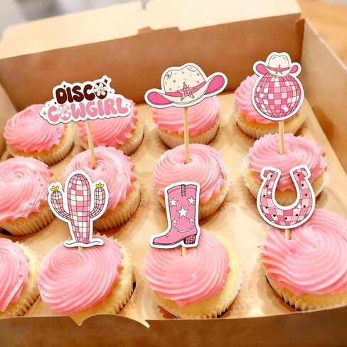 24PCS Disco Cowgirl Cupcake Toppers,Pink Vintage Western Themed Disco Cowgirl Birthday Party Decorations,Cute Disco Ball Hats Boots Horseshoes Cactus Picks in Saudi Arabia
