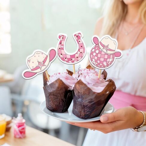 24PCS Disco Cowgirl Cupcake Toppers,Pink Vintage Western Themed Disco Cowgirl Birthday Party Decorations,Cute Disco Ball Hats Boots Horseshoes Cactus Picks in Saudi Arabia