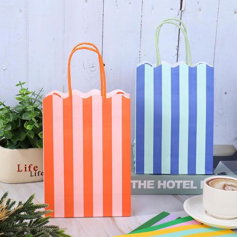 Whaline 24 Pcs Colorful Paper Gift Bag Treat Bags with Handles Stripe Scalloped Candy Goodie Bags for Party Favors Supplies in Saudi Arabia