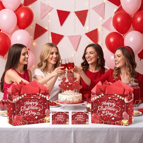 Galentine Gift Bag with Greeting Card and Tissue Paper Red Happy Galentine's Day Party Favor Bags Large Valentine's Day Gift Wrapping Paper Bag for Women Lady Girls Best Bestie Holiday Party Supplies in Saudi Arabia