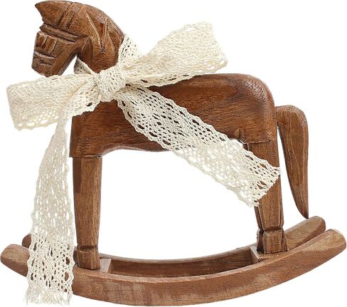 Wood Rocking Horse for Decor & Cake Topper with Ribbon, Wooden Vintage Statue, Desk Centerpiece, Unique Collectible Decorative Figurine Ornament for Table Holiday Decoration Housewarming Gift, C in Saudi Arabia