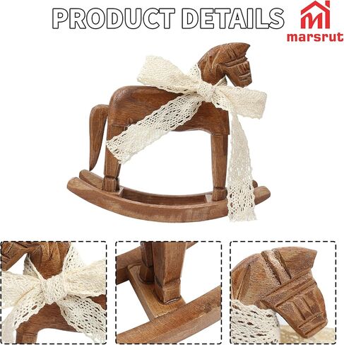 Wood Rocking Horse for Decor & Cake Topper with Ribbon, Wooden Vintage Statue, Desk Centerpiece, Unique Collectible Decorative Figurine Ornament for Table Holiday Decoration Housewarming Gift, C in Saudi Arabia