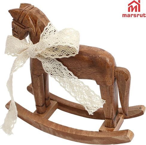 Wood Rocking Horse for Decor & Cake Topper with Ribbon, Wooden Vintage Statue, Desk Centerpiece, Unique Collectible Decorative Figurine Ornament for Table Holiday Decoration Housewarming Gift, C in Saudi Arabia