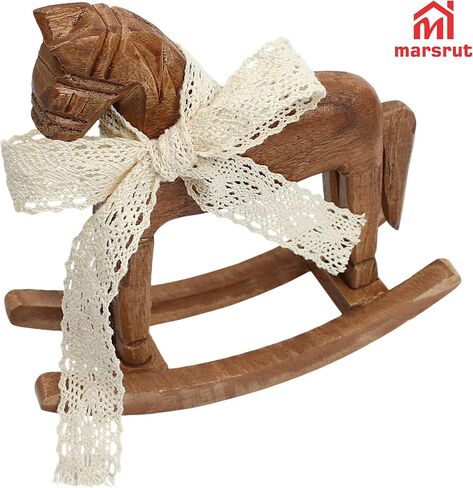 Wood Rocking Horse for Decor & Cake Topper with Ribbon, Wooden Vintage Statue, Desk Centerpiece, Unique Collectible Decorative Figurine Ornament for Table Holiday Decoration Housewarming Gift, C in Saudi Arabia
