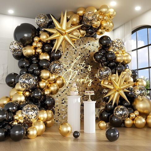 Jenlion Black and Gold Balloon Arch Kit with 2 Starburst Foil Balloons, 154pcs 18/12/10/5in Confetti Garland for 2026 Graduation New Years Eve Birthday Retirement Party Decorations in Saudi Arabia