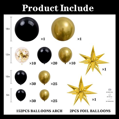 Jenlion Black and Gold Balloon Arch Kit with 2 Starburst Foil Balloons, 154pcs 18/12/10/5in Confetti Garland for 2026 Graduation New Years Eve Birthday Retirement Party Decorations in Saudi Arabia