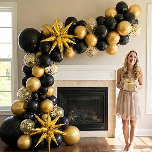 Jenlion Black and Gold Balloon Arch Kit with 2 Starburst Foil Balloons, 154pcs 18/12/10/5in Confetti Garland for 2026 Graduation New Years Eve Birthday Retirement Party Decorations in Saudi Arabia