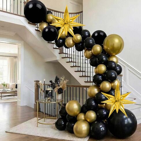 Jenlion Black and Gold Balloon Arch Kit with 2 Starburst Foil Balloons, 154pcs 18/12/10/5in Confetti Garland for 2026 Graduation New Years Eve Birthday Retirement Party Decorations in Saudi Arabia