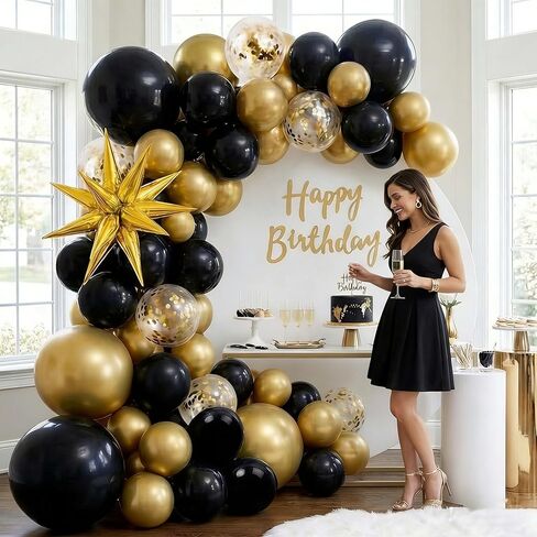 Jenlion Black and Gold Balloon Arch Kit with 2 Starburst Foil Balloons, 154pcs 18/12/10/5in Confetti Garland for 2026 Graduation New Years Eve Birthday Retirement Party Decorations in Saudi Arabia