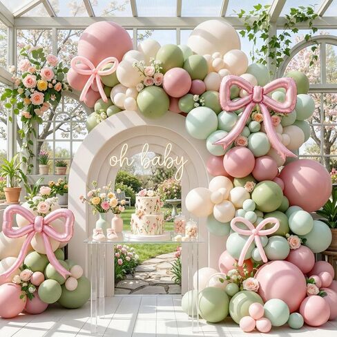 زينة استحمام الطفل الربيعية مع مجموعة قوس بالون الوردي والأخضر وبالونات من رقائق الفويل على شكل فيونكة لؤلؤية من أجل طفل رضيع في أزهار وديكورات الغابات ومستلزمات الحفلات in Kuwait