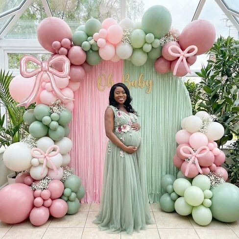 زينة استحمام الطفل الربيعية مع مجموعة قوس بالون الوردي والأخضر وبالونات من رقائق الفويل على شكل فيونكة لؤلؤية من أجل طفل رضيع في أزهار وديكورات الغابات ومستلزمات الحفلات in Kuwait
