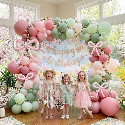 زينة استحمام الطفل الربيعية مع مجموعة قوس بالون الوردي والأخضر وبالونات من رقائق الفويل على شكل فيونكة لؤلؤية من أجل طفل رضيع في أزهار وديكورات الغابات ومستلزمات الحفلات in Kuwait