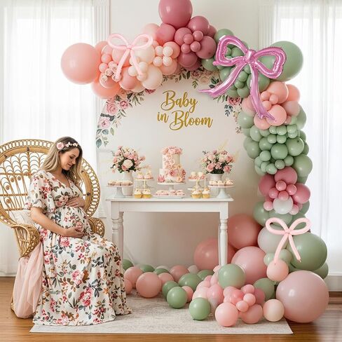زينة استحمام الطفل الربيعية مع مجموعة قوس بالون الوردي والأخضر وبالونات من رقائق الفويل على شكل فيونكة لؤلؤية من أجل طفل رضيع في أزهار وديكورات الغابات ومستلزمات الحفلات in Kuwait
