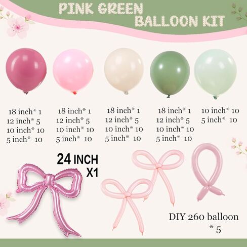 زينة استحمام الطفل الربيعية مع مجموعة قوس بالون الوردي والأخضر وبالونات من رقائق الفويل على شكل فيونكة لؤلؤية من أجل طفل رضيع في أزهار وديكورات الغابات ومستلزمات الحفلات in Kuwait