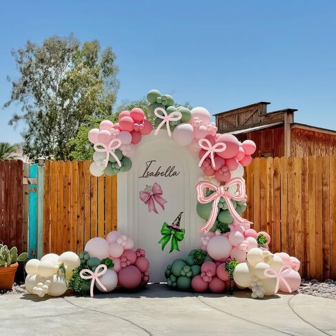 زينة استحمام الطفل الربيعية مع مجموعة قوس بالون الوردي والأخضر وبالونات من رقائق الفويل على شكل فيونكة لؤلؤية من أجل طفل رضيع في أزهار وديكورات الغابات ومستلزمات الحفلات in Kuwait