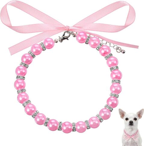 Pink Imitation Pearl Dog Necklace Collar with Bow, Adjustable Cat Jewelry for Small Medium Pets in Saudi Arabia