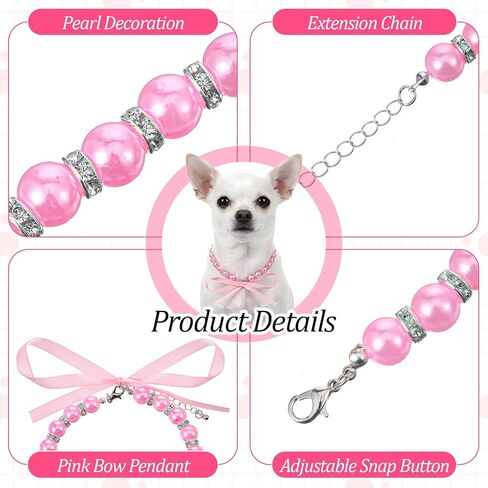 Pink Imitation Pearl Dog Necklace Collar with Bow, Adjustable Cat Jewelry for Small Medium Pets in Saudi Arabia