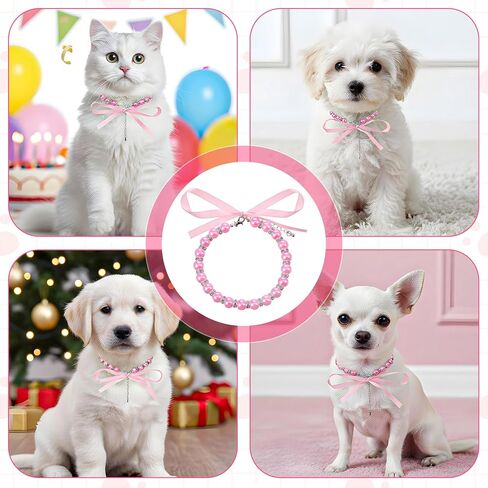 Pink Imitation Pearl Dog Necklace Collar with Bow, Adjustable Cat Jewelry for Small Medium Pets in Saudi Arabia