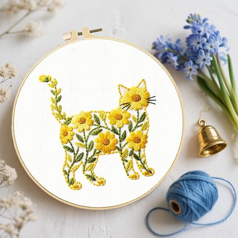FREEBLOSS 5 Sets Embroidery Kit for Beginners Needlepoint Flower Cat Stamped Embroidery Starter Kit with Instructions, Needles, Threads, 2 Hoops 11.6"/29.5CM in Saudi Arabia