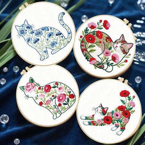 FREEBLOSS 5 Sets Embroidery Kit for Beginners Needlepoint Flower Cat Stamped Embroidery Starter Kit with Instructions, Needles, Threads, 2 Hoops 11.6"/29.5CM in Saudi Arabia