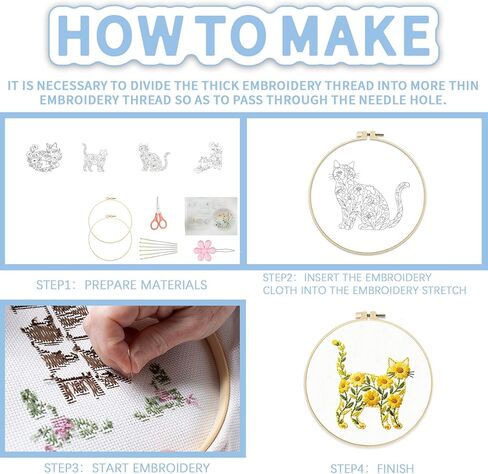FREEBLOSS 5 Sets Embroidery Kit for Beginners Needlepoint Flower Cat Stamped Embroidery Starter Kit with Instructions, Needles, Threads, 2 Hoops 11.6"/29.5CM in Saudi Arabia