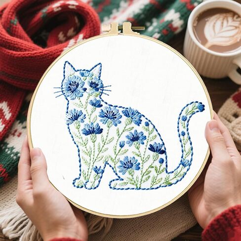 FREEBLOSS 5 Sets Embroidery Kit for Beginners Needlepoint Flower Cat Stamped Embroidery Starter Kit with Instructions, Needles, Threads, 2 Hoops 11.6"/29.5CM in Saudi Arabia