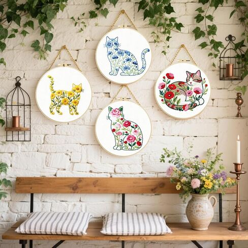 FREEBLOSS 5 Sets Embroidery Kit for Beginners Needlepoint Flower Cat Stamped Embroidery Starter Kit with Instructions, Needles, Threads, 2 Hoops 11.6"/29.5CM in Saudi Arabia