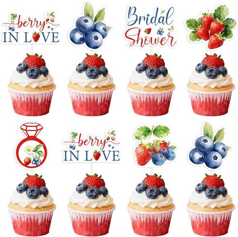 Cheereveal 36Pcs Blueberry Strawberry Cupcake Toppers, Berry in Love Cake Decorations, Fruit Berry Raspberry Themed Bridal Shower Bachelorette Birthday Baby Shower Party Supplies in Saudi Arabia