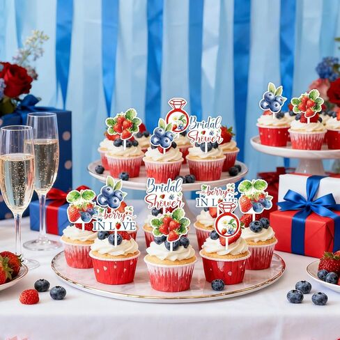Cheereveal 36Pcs Blueberry Strawberry Cupcake Toppers, Berry in Love Cake Decorations, Fruit Berry Raspberry Themed Bridal Shower Bachelorette Birthday Baby Shower Party Supplies in Saudi Arabia