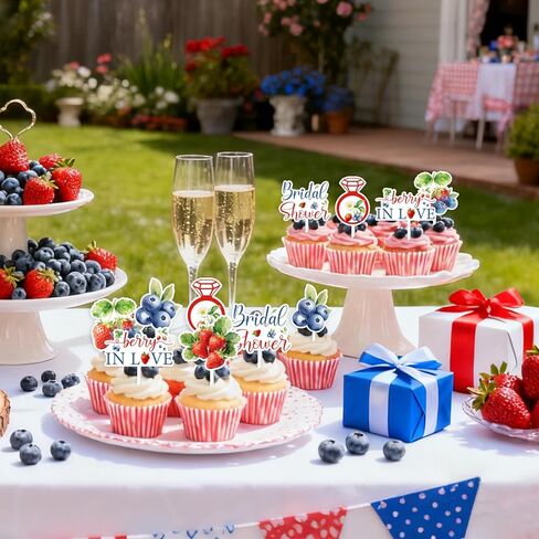 Cheereveal 36Pcs Blueberry Strawberry Cupcake Toppers, Berry in Love Cake Decorations, Fruit Berry Raspberry Themed Bridal Shower Bachelorette Birthday Baby Shower Party Supplies in Saudi Arabia