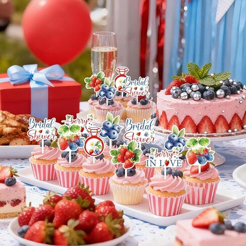 Cheereveal 36Pcs Blueberry Strawberry Cupcake Toppers, Berry in Love Cake Decorations, Fruit Berry Raspberry Themed Bridal Shower Bachelorette Birthday Baby Shower Party Supplies in Saudi Arabia