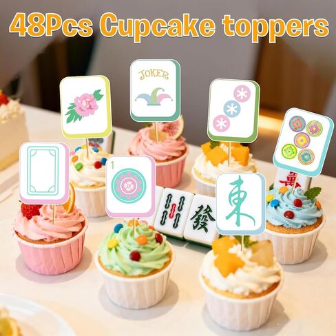 48pcs Mahjong Cupcake Toppers: Mahjong Party Supplies Mahjong Cupcake Picks Funny Theme Cake Decorations for Birthday Game Night Party Decorations in Saudi Arabia