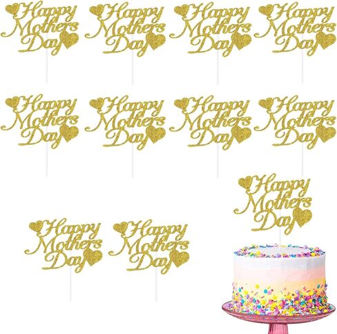 أغطية كعكة عيد الأم السعيدة، 20 قطعة من أعلى الكب كيك على شكل قلب لامع لتزيين كعكة عيد الأم وحفلات عيد ميلاد الأم، ذهبي in Saudi Arabia