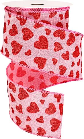 Whaline Valentine's Day Wired Edge Ribbons Craft Ribbon Pink Red Glitter Heart Fabric Wrapping Ribbon for Bow Wreath Party Home Decor, 2.5 in, 10 Yards in Saudi Arabia